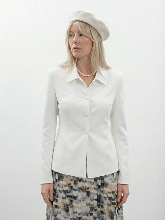 Жакет женский белый с баской, пиджак приталенный нарядный, офисный деловой блейзер