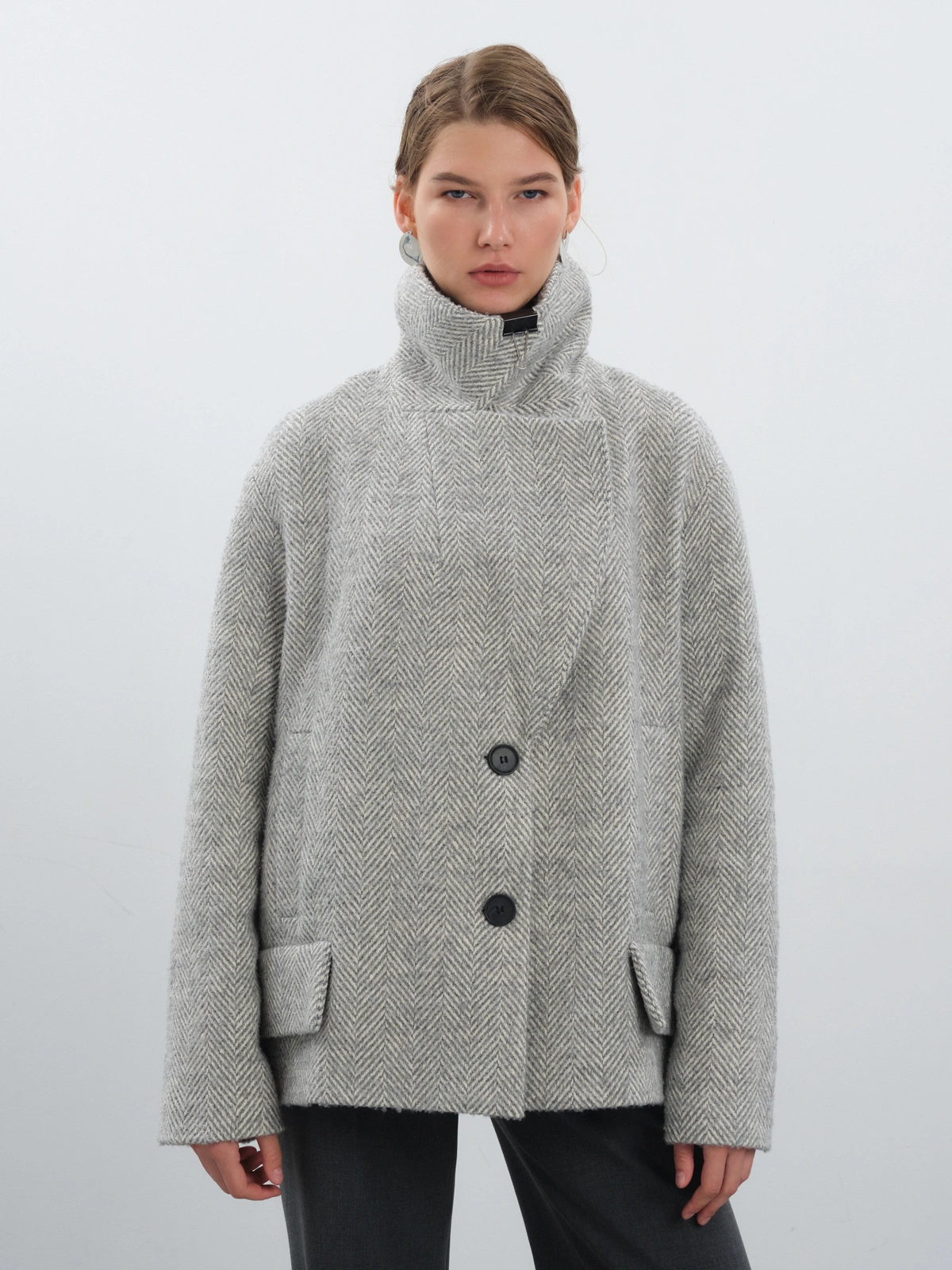 Полупальто в елочку с шерстью