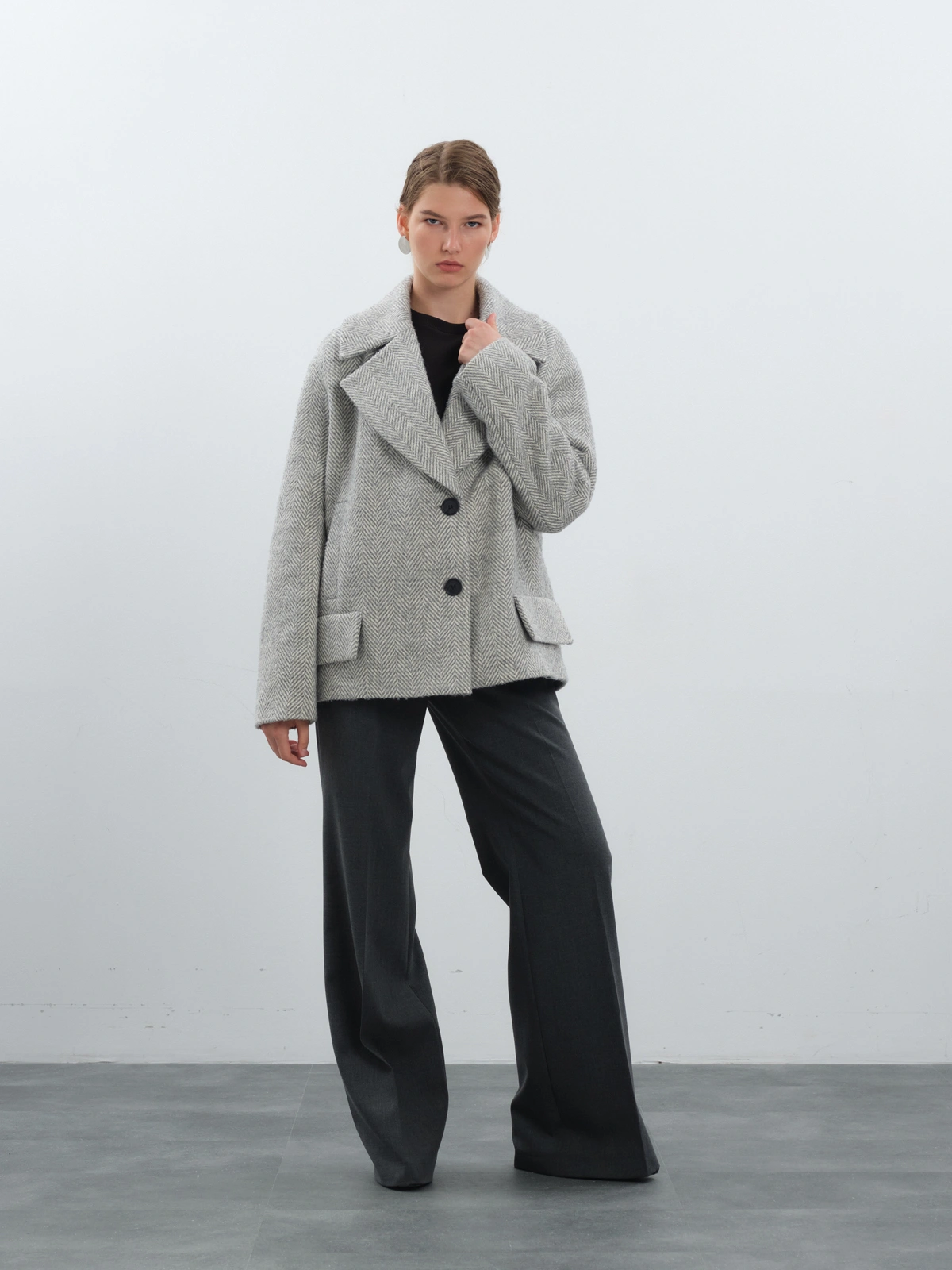 Полупальто в елочку с шерстью