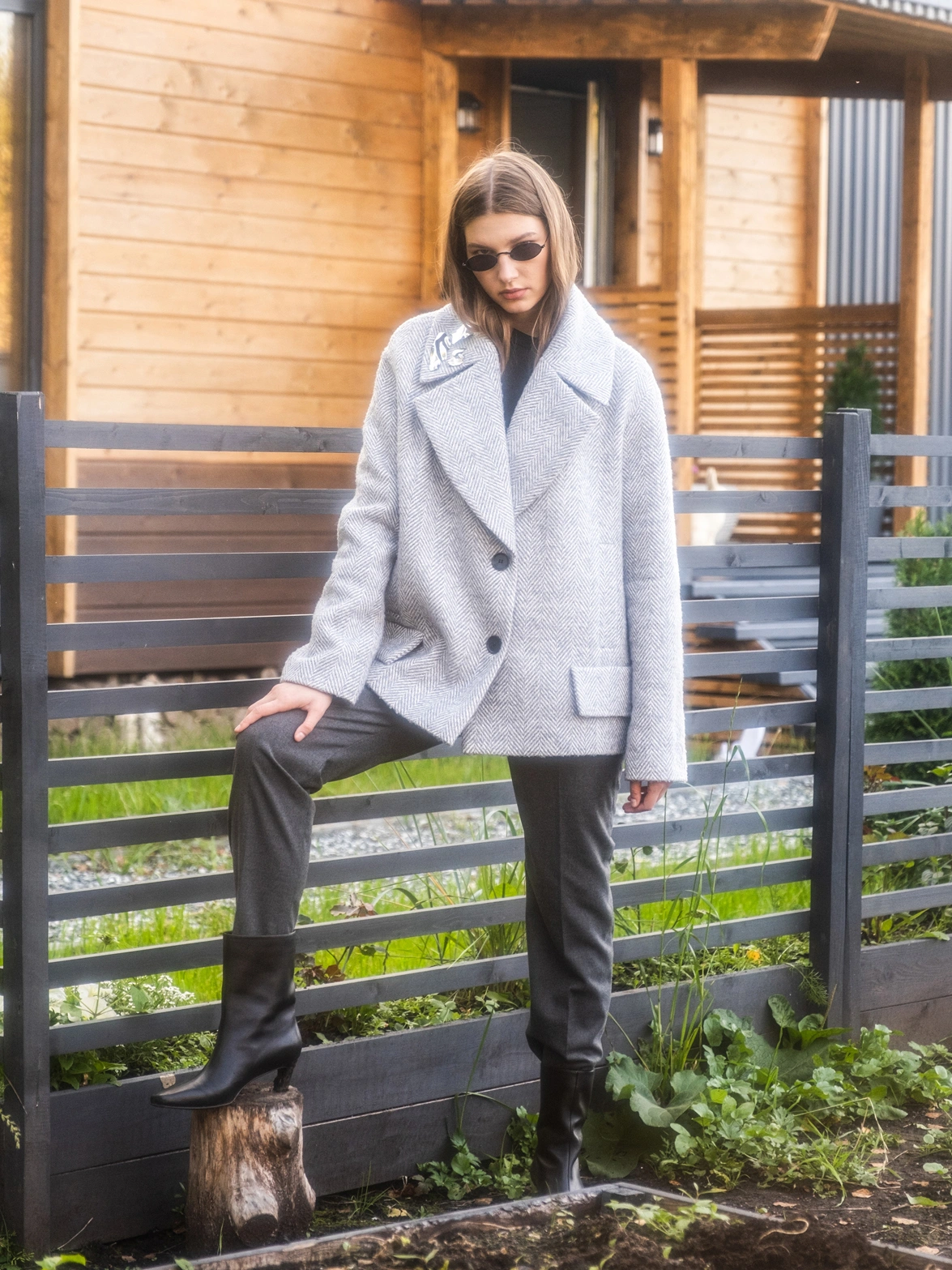 Полупальто в елочку с шерстью