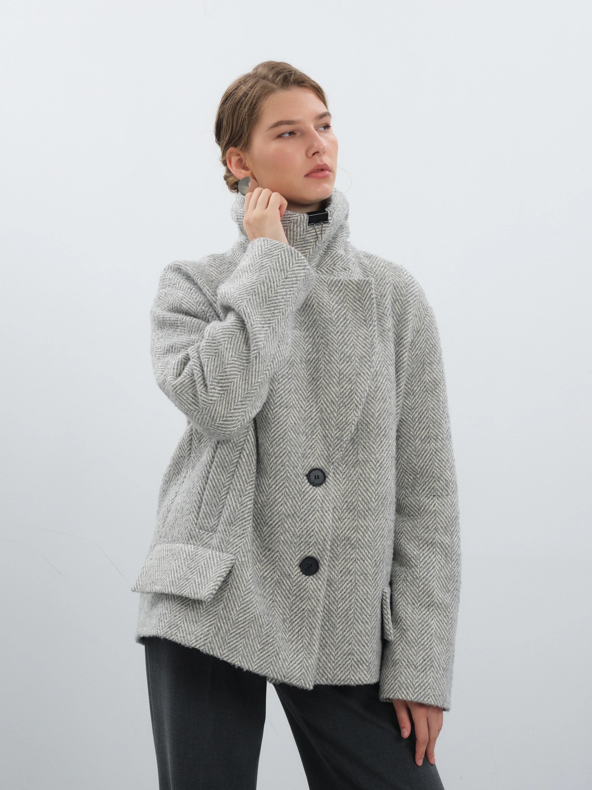 Полупальто в елочку с шерстью