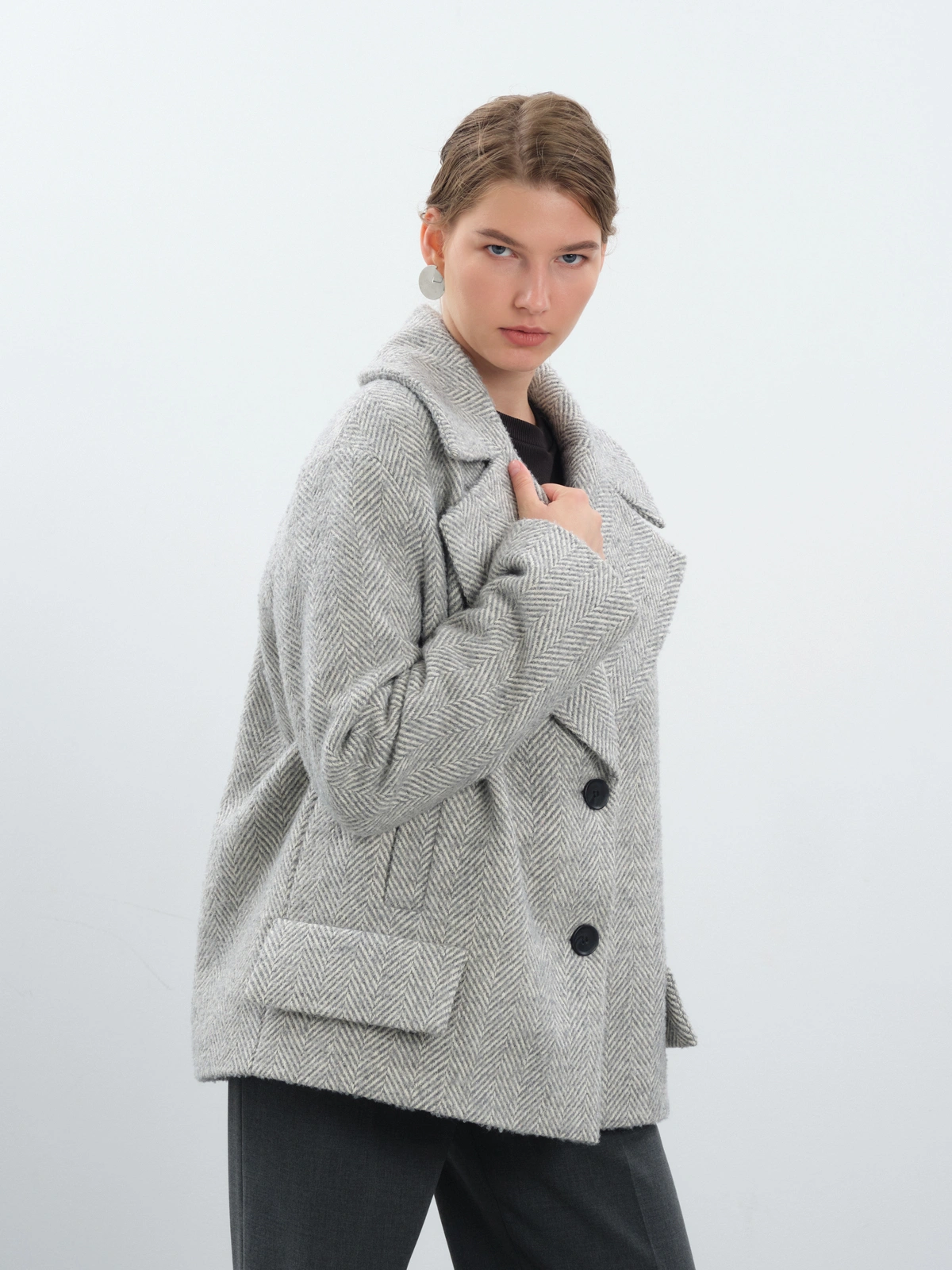 Полупальто в елочку с шерстью