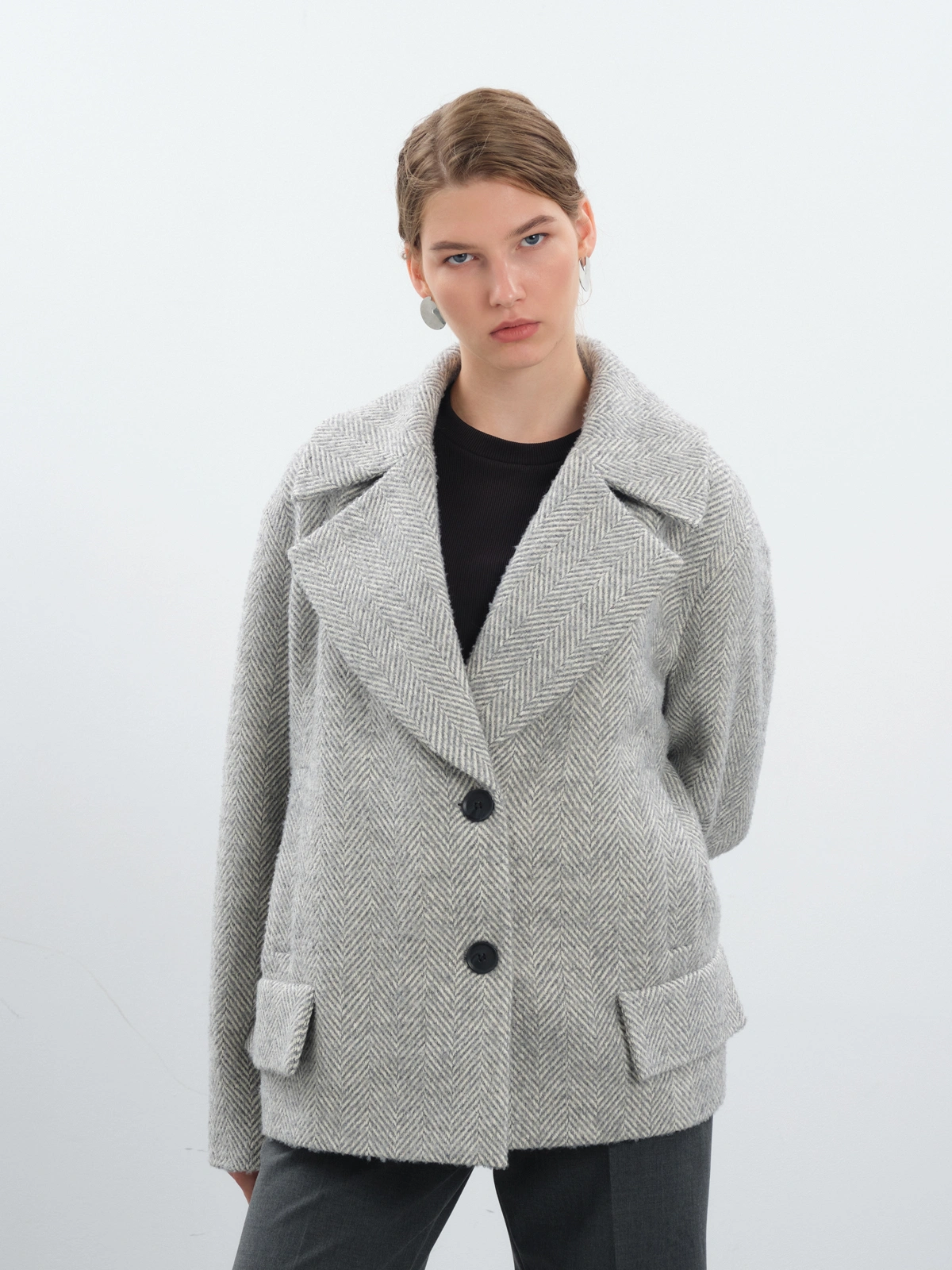 Полупальто в елочку с шерстью
