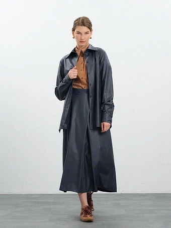 Синяя юбка с клином из экокожи